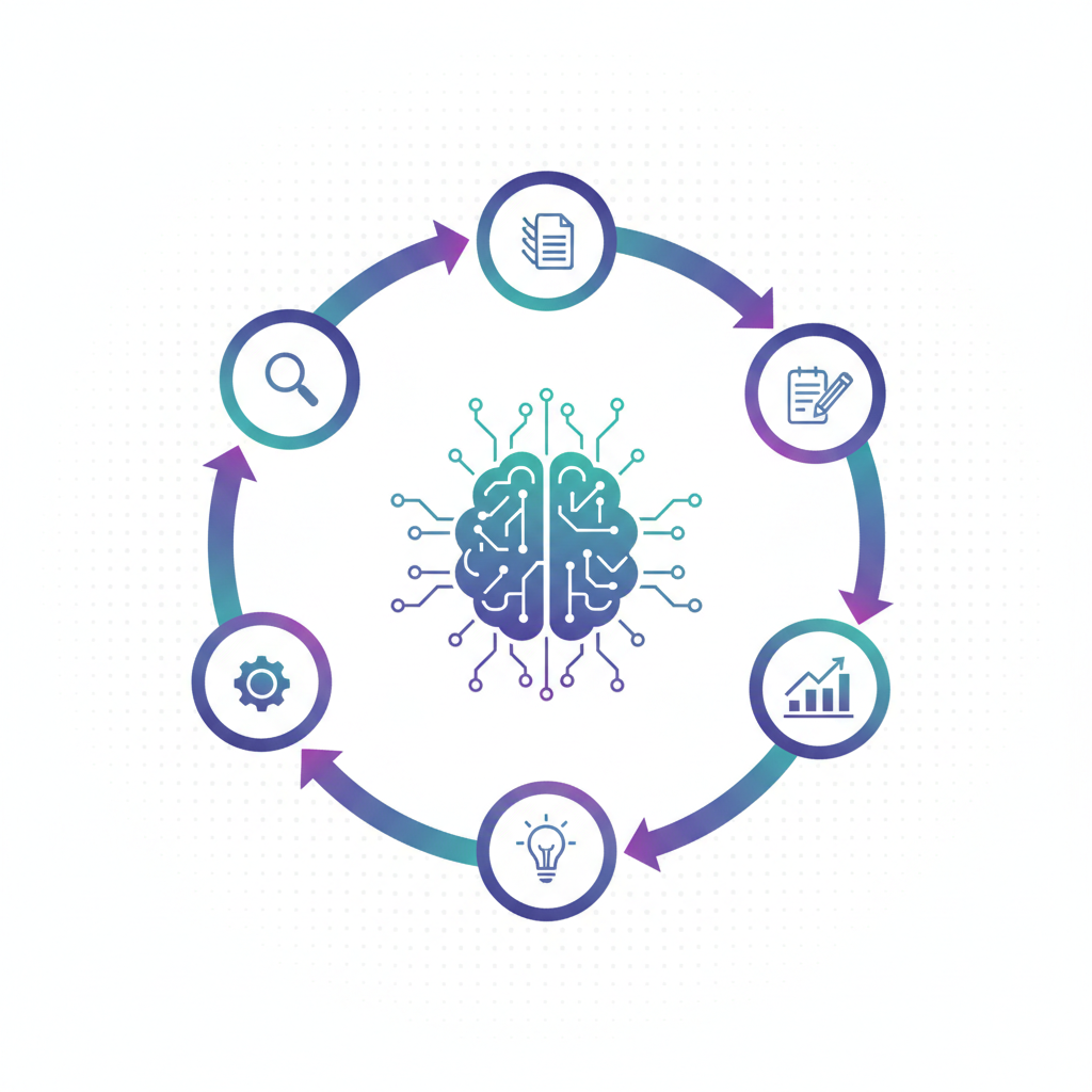 AI SEO workflow showing 7 steps from keyword research to LLM optimization